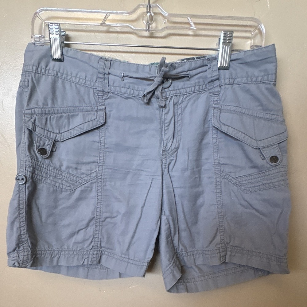 UNIONBAY Women Gray Cotton Canvas Cargo Shorts Size 5 Drawstring Pockets Hiking